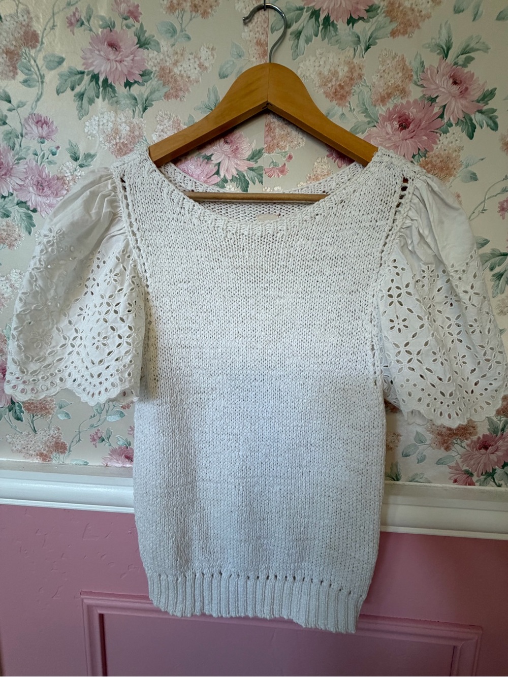 Rebecca Taylor White Eyelet Puff Sleeve Crewneck Sweater